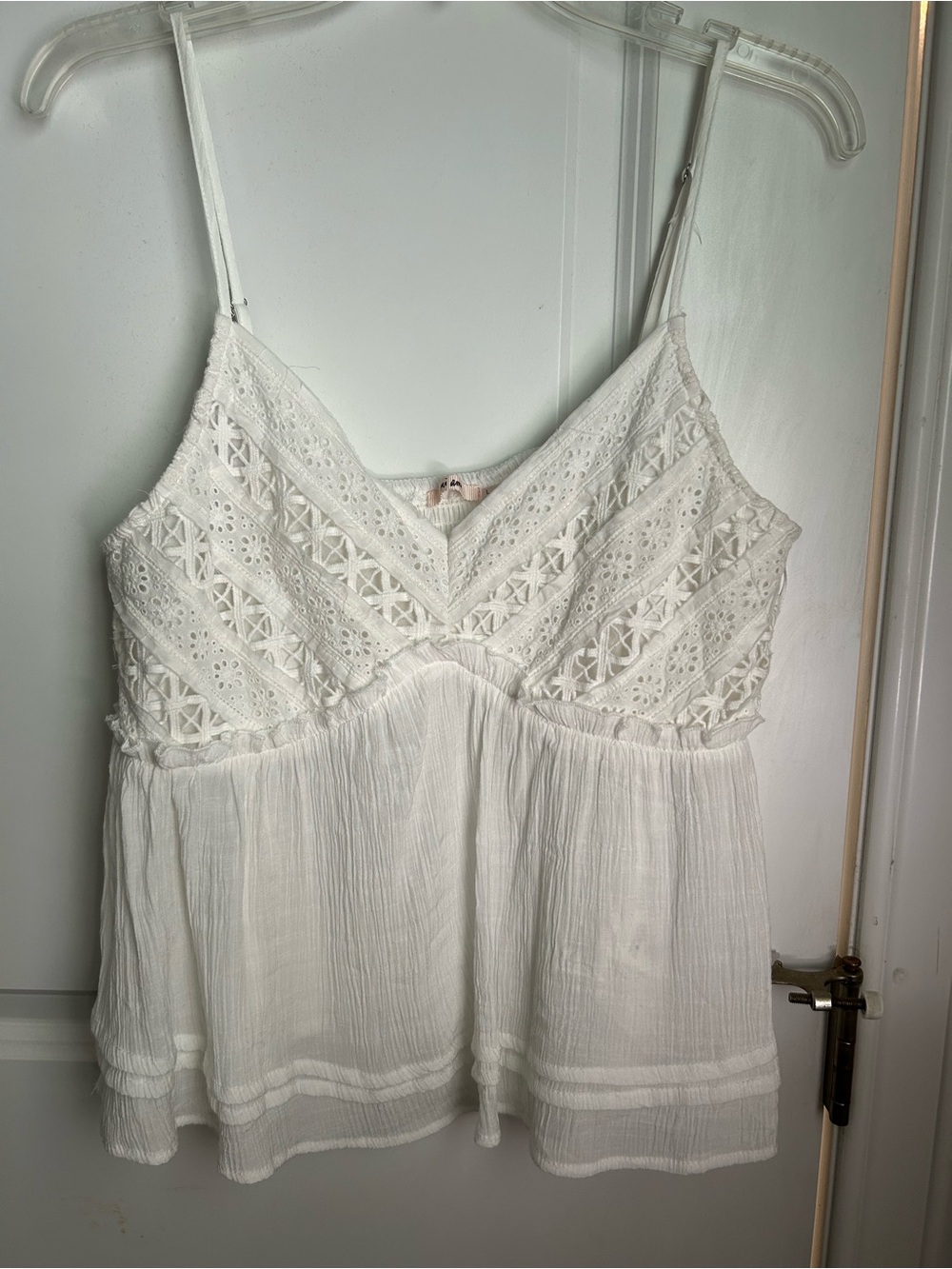White Eyelet Crochet V-Neck Tank - large
